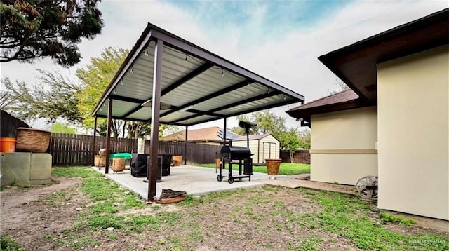 view of yard with a patio area and a storage shed