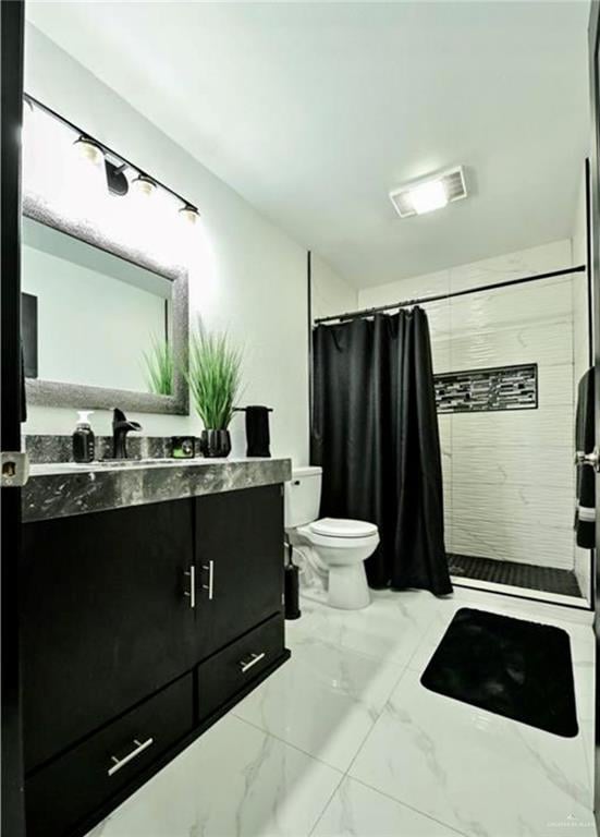 bathroom featuring a shower with curtain, vanity, and toilet