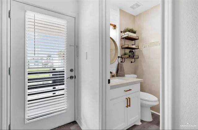 bathroom featuring hardwood / wood-style flooring, vanity, and toilet