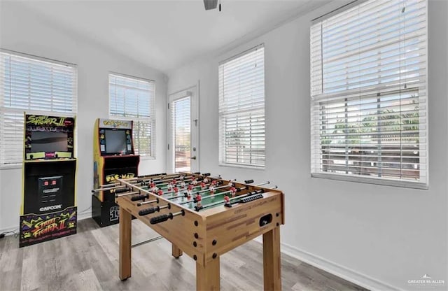 recreation room featuring wood-type flooring, vaulted ceiling, and a wealth of natural light