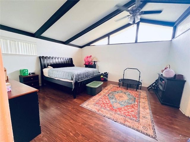 bedroom with baseboards, wood finished floors, and vaulted ceiling with beams