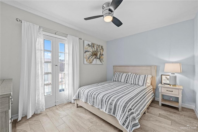 bedroom featuring ceiling fan and light hardwood / wood-style flooring