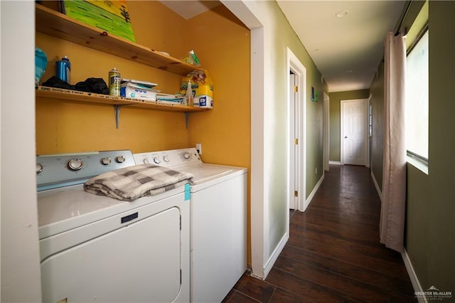 laundry area with dark hardwood / wood-style floors and independent washer and dryer