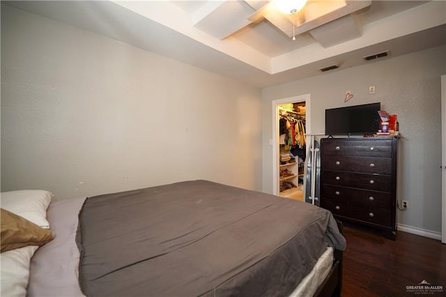 bedroom with a tray ceiling, ceiling fan, a spacious closet, dark hardwood / wood-style floors, and a closet