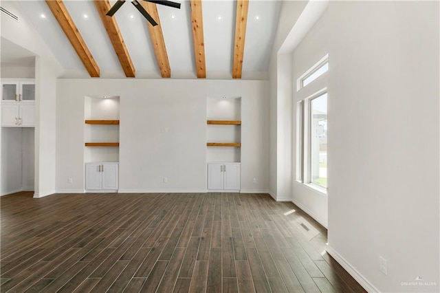 unfurnished living room featuring beamed ceiling, dark hardwood / wood-style floors, high vaulted ceiling, and ceiling fan