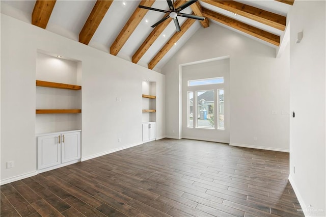 unfurnished living room with beam ceiling, dark hardwood / wood-style floors, high vaulted ceiling, and ceiling fan