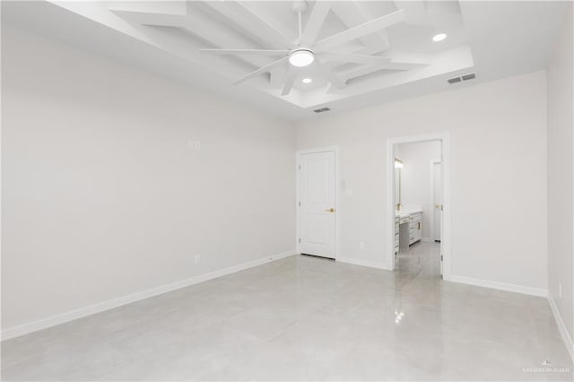 unfurnished bedroom with recessed lighting, coffered ceiling, visible vents, baseboards, and beam ceiling