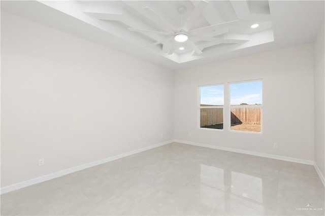 empty room featuring recessed lighting, beamed ceiling, coffered ceiling, and baseboards