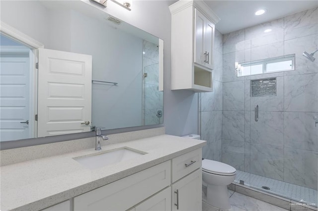 220 Stella Dr, San Juan, TX 78589 - full bath with a shower stall, marble finish floor, visible vents, toilet, and vanity