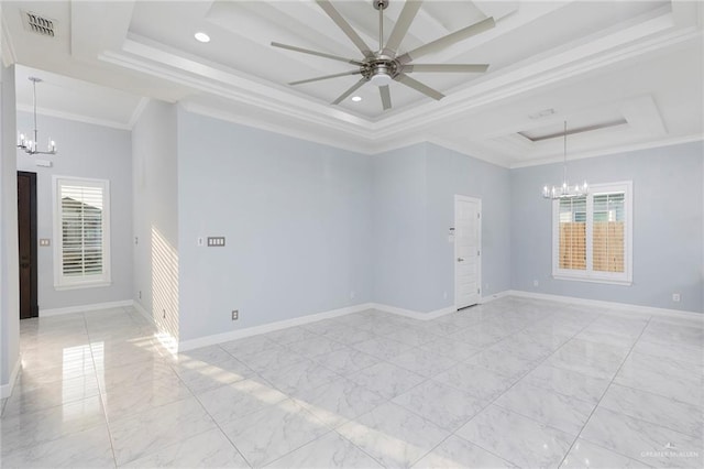 220 Stella Dr, San Juan, TX 78589 - unfurnished room featuring ceiling fan with notable chandelier, a raised ceiling, baseboards, ornamental molding, and visible vents