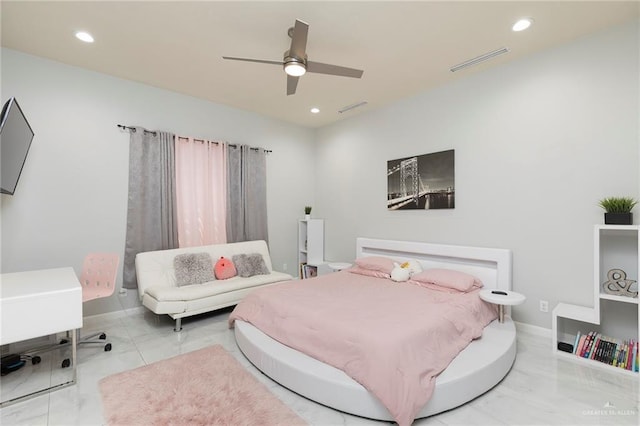 bedroom with recessed lighting, marble finish floor, and visible vents