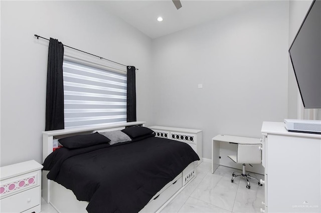 bedroom with recessed lighting, a ceiling fan, and marble finish floor