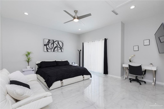 bedroom with ceiling fan, visible vents, baseboards, marble finish floor, and recessed lighting