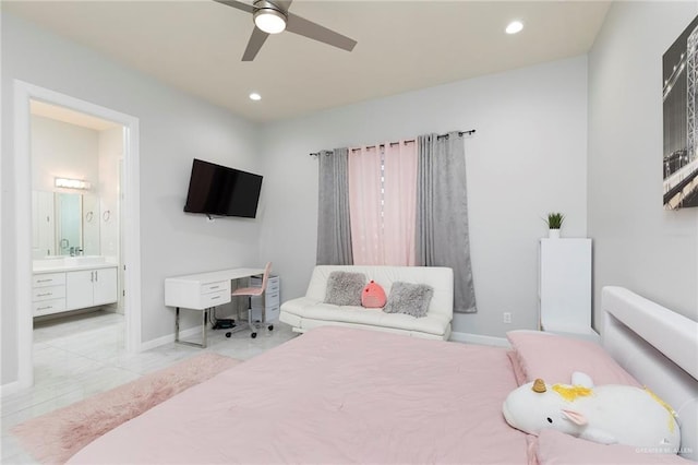 bedroom featuring baseboards, ensuite bathroom, a ceiling fan, and recessed lighting