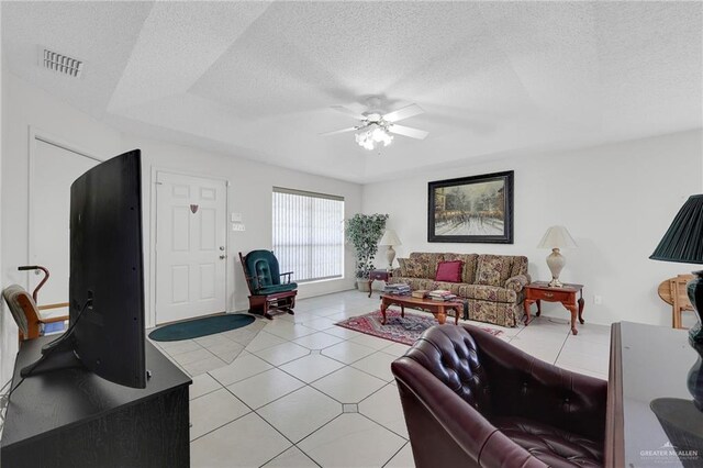 1700 Aries St, Mission, TX 78572 - living area featuring a ceiling fan, a textured ceiling, and light tile patterned flooring