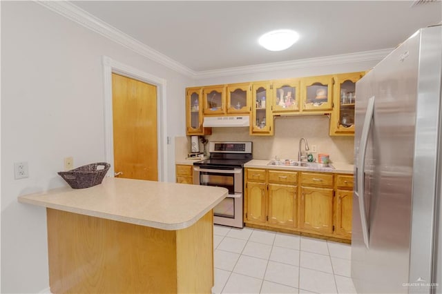 kitchen with ornamental molding, light countertops, under cabinet range hood, a sink, and stainless steel appliances