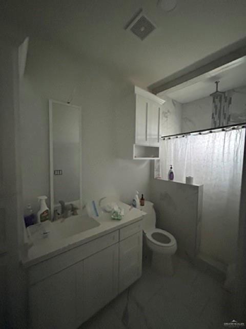 bathroom with vanity, toilet, and curtained shower