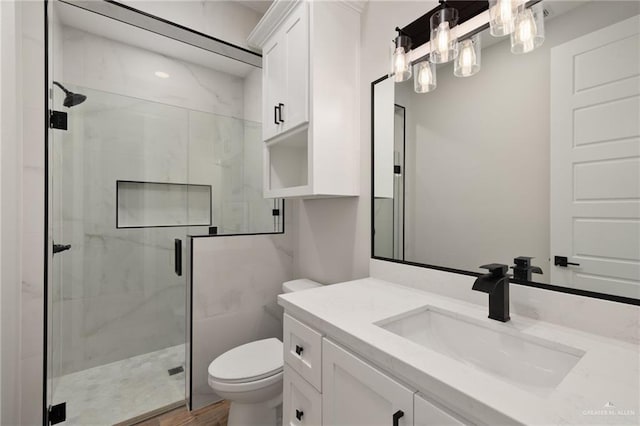 bathroom featuring vanity, a shower with door, and toilet