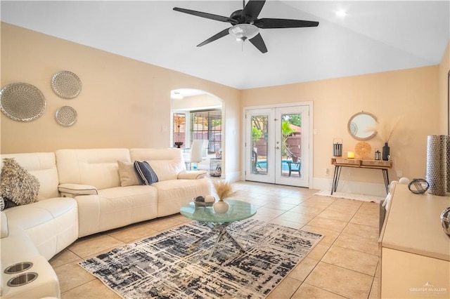 6800 N 15th Ln, Mcallen, TX 78504 - living area featuring light tile patterned flooring, a ceiling fan, arched walkways, high vaulted ceiling, and french doors