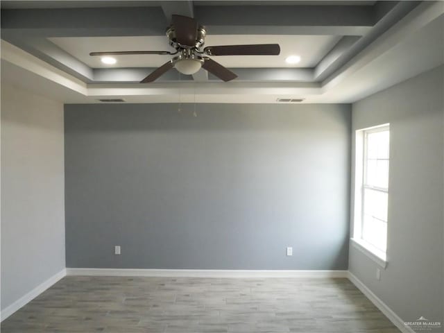 unfurnished room with a healthy amount of sunlight, light hardwood / wood-style floors, and a tray ceiling