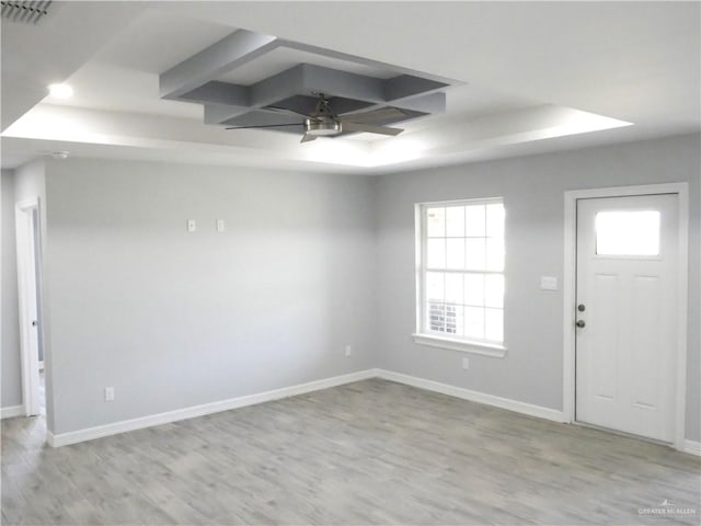 entryway featuring ceiling fan and light hardwood / wood-style floors