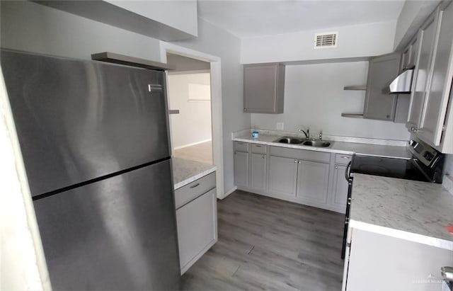 1600 Bridge Ave Unit 207, Weslaco, TX 78596 - kitchen with stainless steel appliances, extractor fan, a sink, and gray cabinets