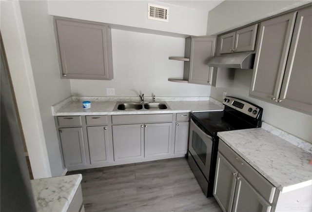 1600 Bridge Ave Unit 207, Weslaco, TX 78596 - kitchen with electric range, gray cabinets, a sink, under cabinet range hood, and open shelves