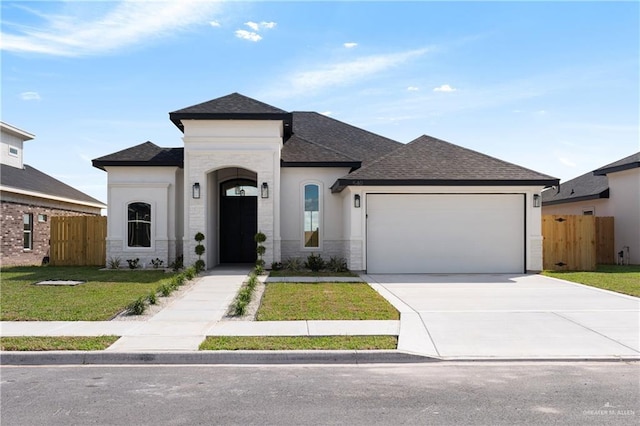 view of front of property featuring a garage and a front lawn