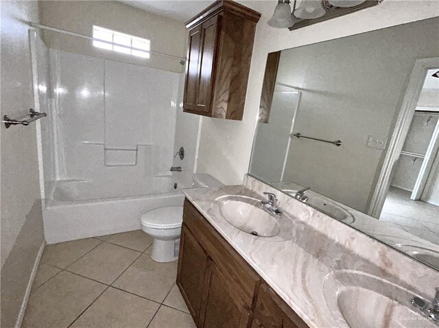 full bathroom with shower / bathing tub combination, vanity, toilet, and tile patterned floors