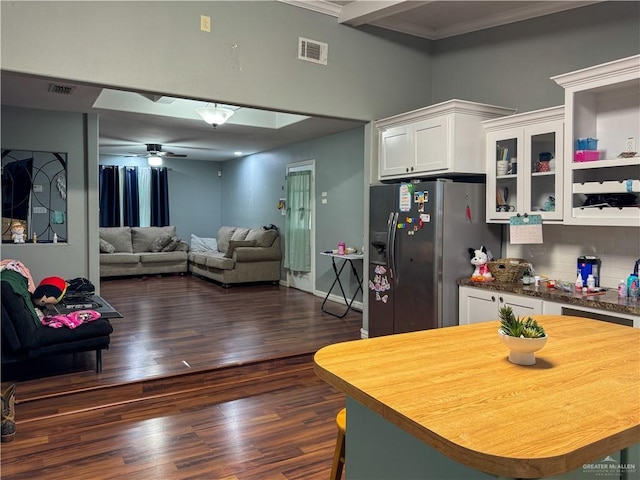 13307 Ash Ave, Edinburg, TX 78542 - kitchen with refrigerator with ice dispenser, white cabinetry, dark wood-style flooring, crown molding, and ceiling fan