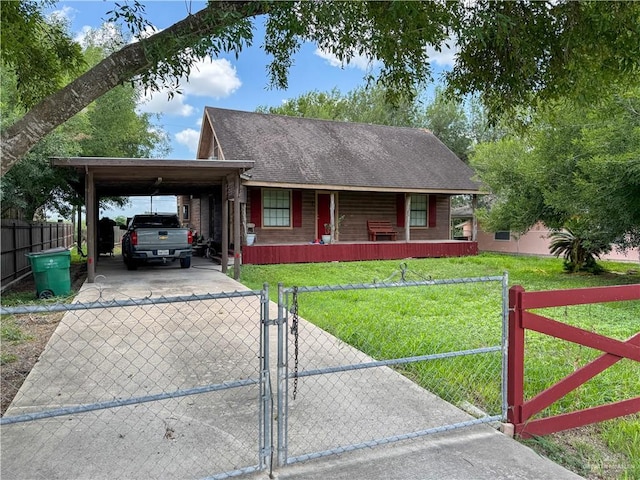 13307 Ash Ave, Edinburg, TX 78542 - view of front facade with a porch, concrete driveway, a gate, an attached carport, and a shingled roof