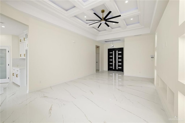 2809 E Tamarindo Ave, Hidalgo, TX 78557 - spare room with a ceiling fan, light marble finish flooring, recessed lighting, beam ceiling, and coffered ceiling