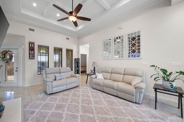 tiled living room with crown molding, coffered ceiling, beam ceiling, and a high ceiling