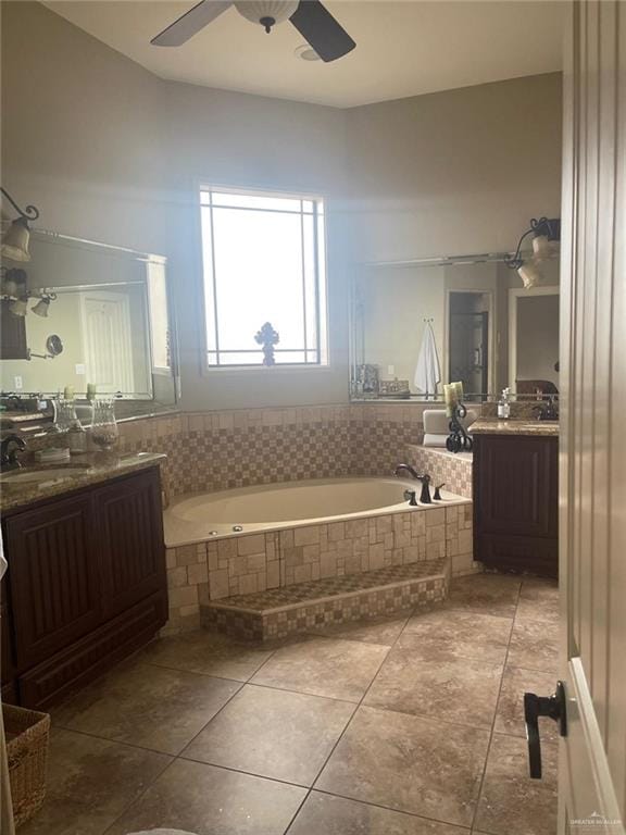 3104 Brightwood Ave, Edinburg, TX 78539 - bathroom featuring a bath, a ceiling fan, vanity, and tile patterned floors