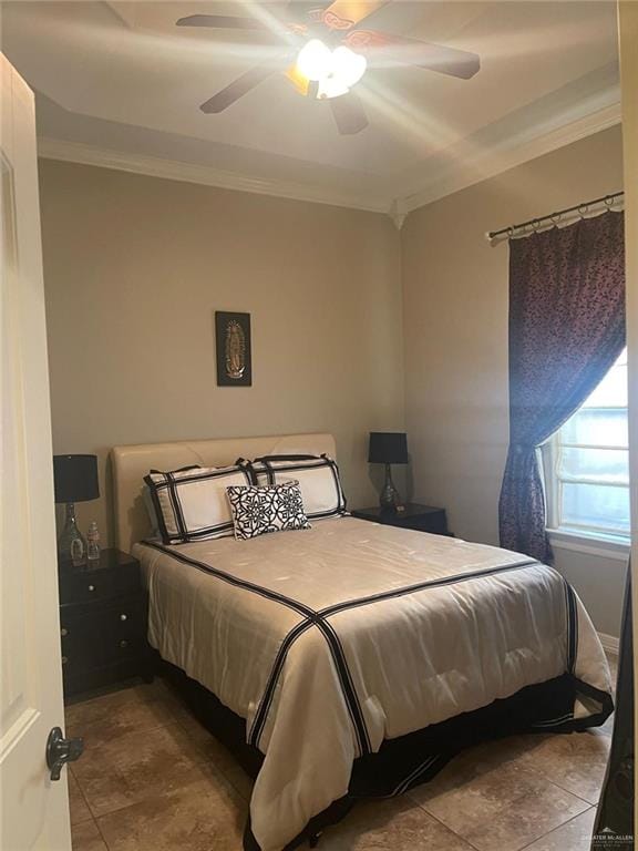 3104 Brightwood Ave, Edinburg, TX 78539 - bedroom featuring ornamental molding, ceiling fan, and tile patterned floors