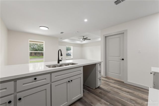 kitchen featuring gray cabinetry, ceiling fan, sink, and dark hardwood / wood-style flooring