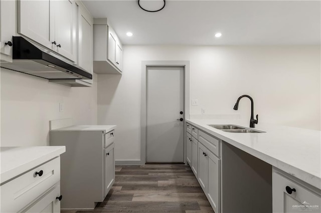 kitchen featuring sink, white cabinets, and dark wood-type flooring