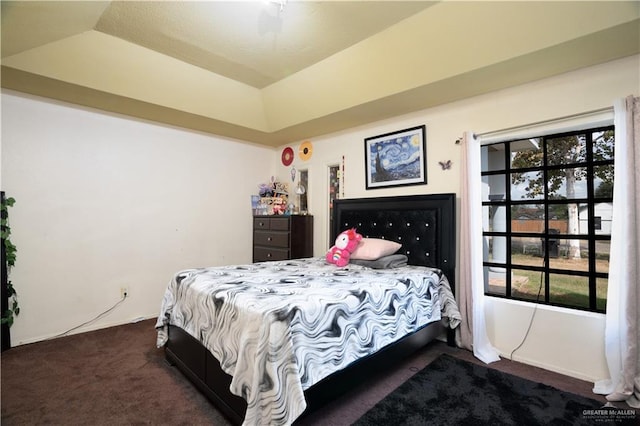 carpeted bedroom featuring a tray ceiling and multiple windows