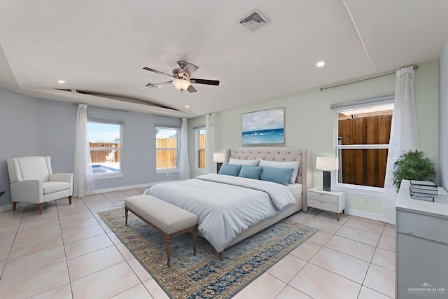 3222 Princess St, Edinburg, TX 78539 - bedroom featuring light tile patterned floors, recessed lighting, baseboards, and a ceiling fan
