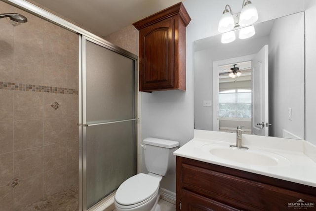 3222 Princess St, Edinburg, TX 78539 - full bathroom featuring toilet, a stall shower, vanity, and a ceiling fan