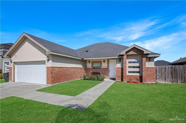 single story home with a garage, brick siding, fence, driveway, and a front yard