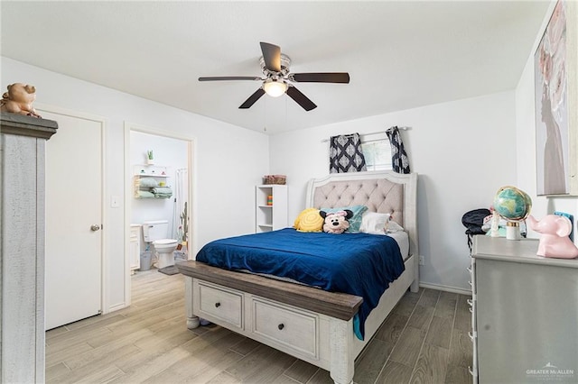3004 Diaz Ave, Mcallen, TX 78503 - bedroom featuring light wood finished floors, connected bathroom, and ceiling fan