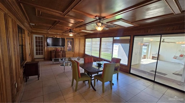 409 Redwood Ave, Mcallen, TX 78501 - dining area with coffered ceiling, wood walls, a ceiling fan, tile patterned floors, and beam ceiling