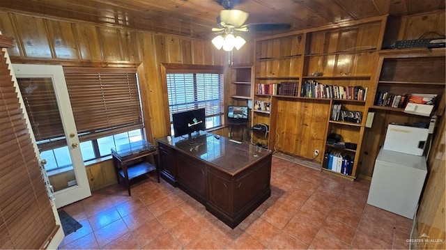 409 Redwood Ave, Mcallen, TX 78501 - home office with ceiling fan, light tile patterned floors, wooden walls, and wooden ceiling