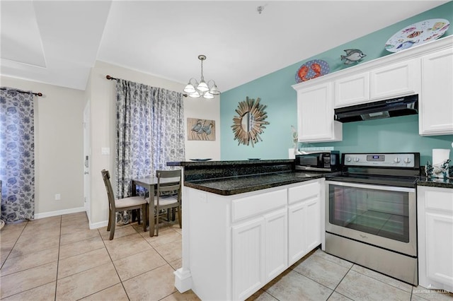 107 E Pike St Unit 2, South Padre Island, TX 78597 - kitchen featuring stainless steel electric stove, under cabinet range hood, a peninsula, white cabinets, and light tile patterned floors