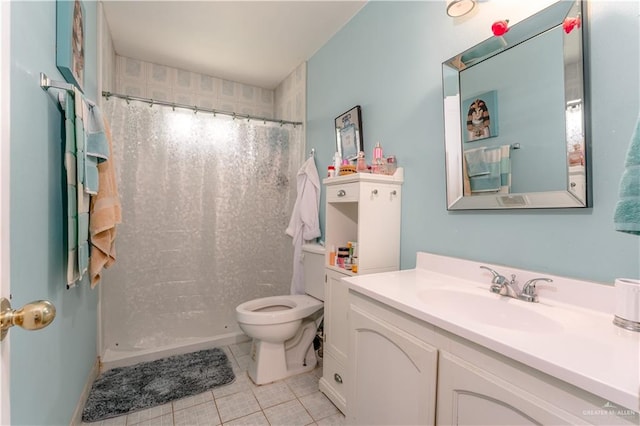 bathroom with tile patterned flooring, a shower with curtain, toilet, and vanity