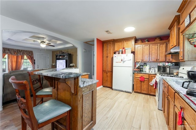 kitchen featuring appliances with stainless steel finishes, a breakfast bar, a raised ceiling, ceiling fan, and light hardwood / wood-style floors