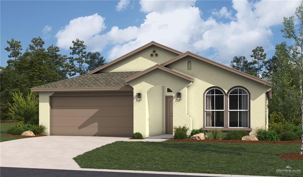 2209 Cardinal Dr, Weslaco, TX 78599 - mediterranean / spanish house featuring an attached garage, stucco siding, concrete driveway, a front lawn, and a shingled roof