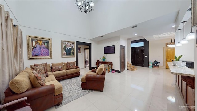 tiled living room with a chandelier