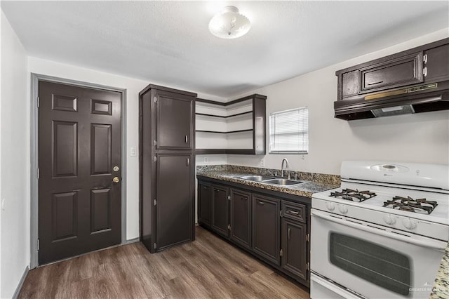 kitchen featuring dark hardwood / wood-style floors, dark brown cabinets, white gas range, and sink